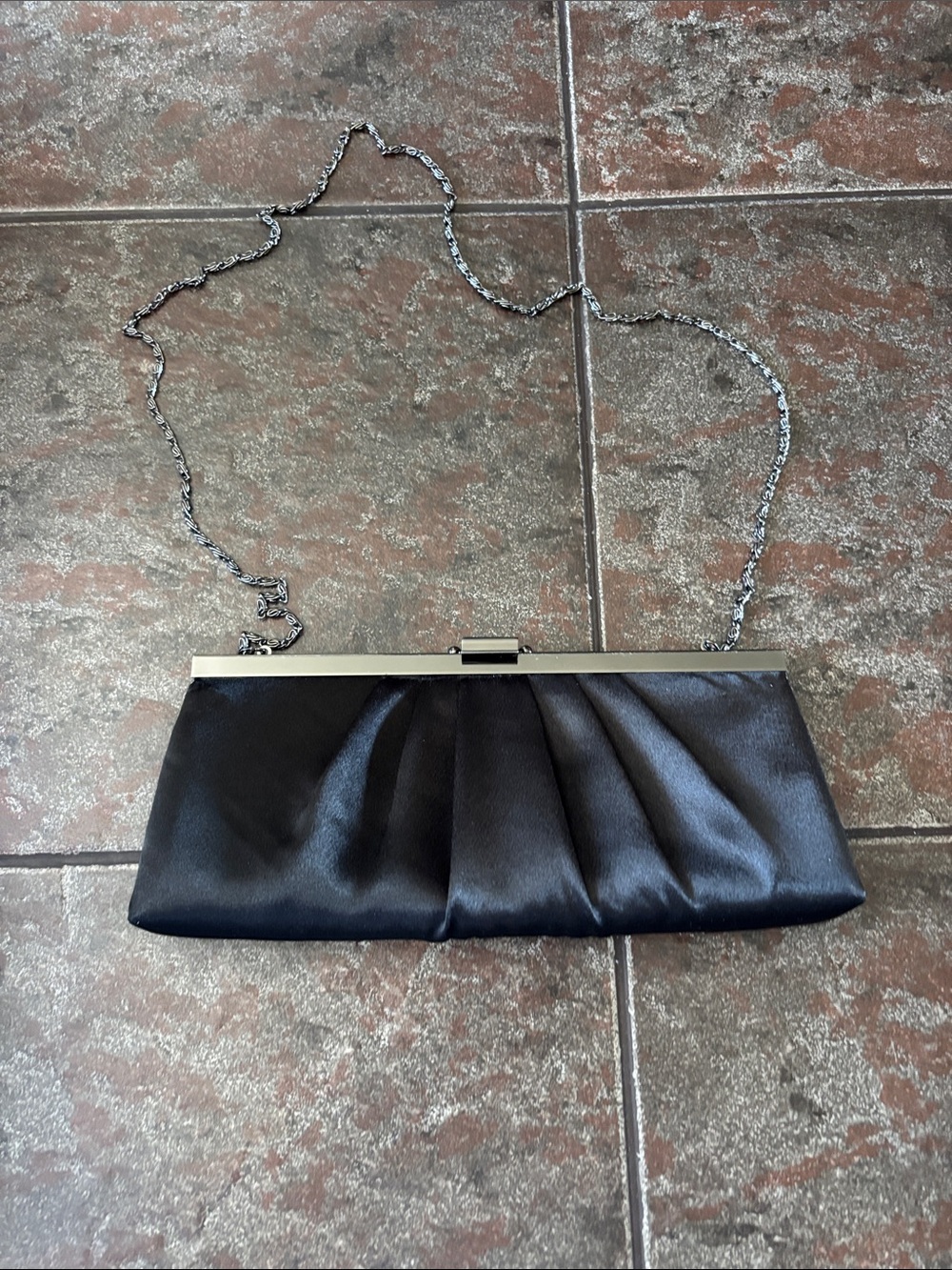 Jessica McClintock Black Satin Pleated Frame Clutch with Chain